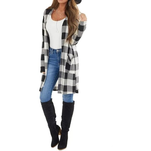 Women's Buffalo Plaid Knit Long Cardigan V Neck Pockets Plus Size - Picture 2 of 6